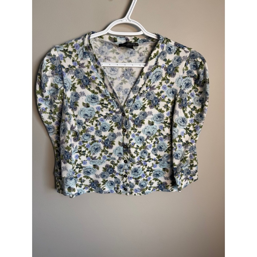QED London Floral Puff Sleeve Button Front Cardigan Top L Cottagecore Coquette